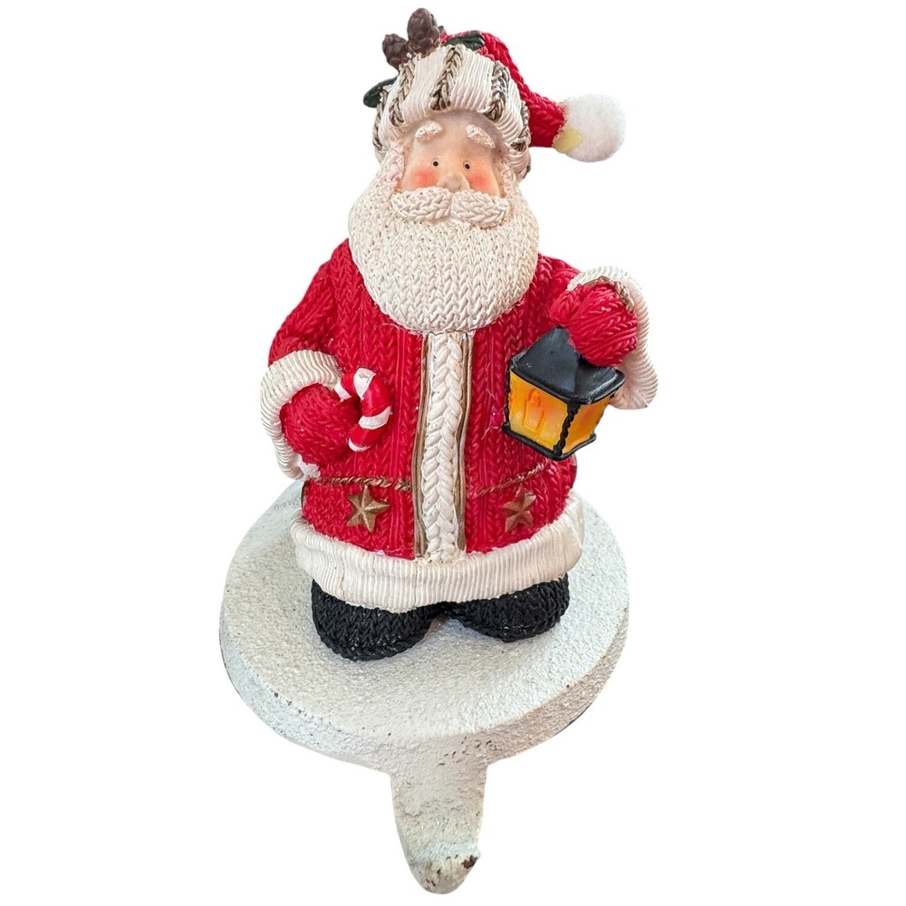 Santa Claus Stocking Hanger with Cardinal and Birdhouse Knit Texture Resin
